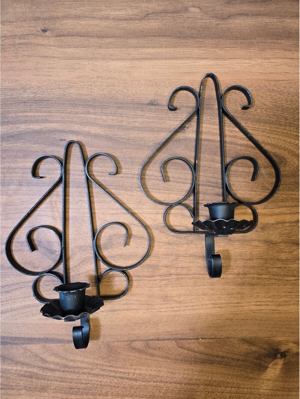 Pair Black Wrought Iron Wall Sconces Scrollwork Candle Holders